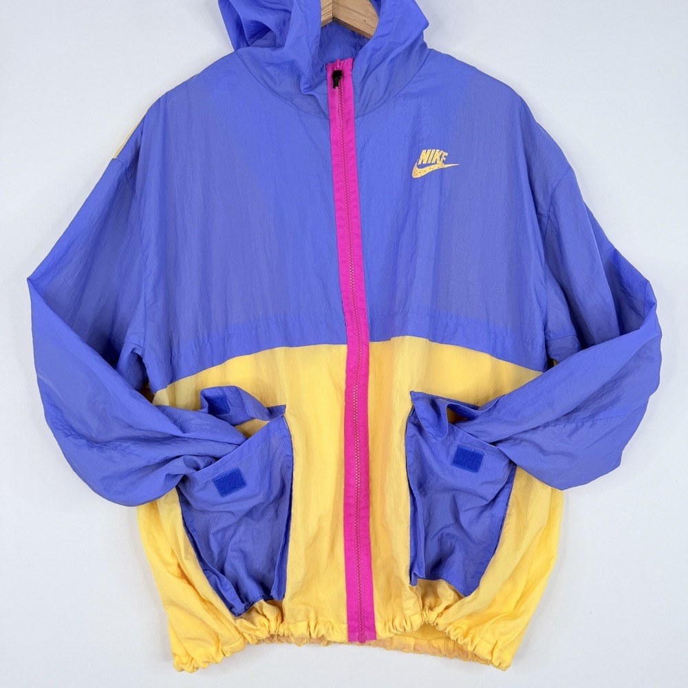 Nike Windbreaker Jacket Colorblock Purple Yellow Retro Sporty Hooded SZ-Large - Picture 2 of 14